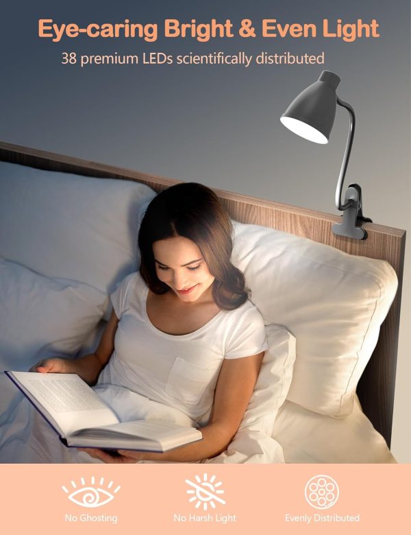 BOHON Desk Lamp 3 Color Modes 10 Brightness Dimmer Reading Light 10W 38 LED Clamp Lamp with Auto Off Timer 360° Flexible Gooseneck Clip on Light for Bed Bedside, AC Adapter Include - Image 4
