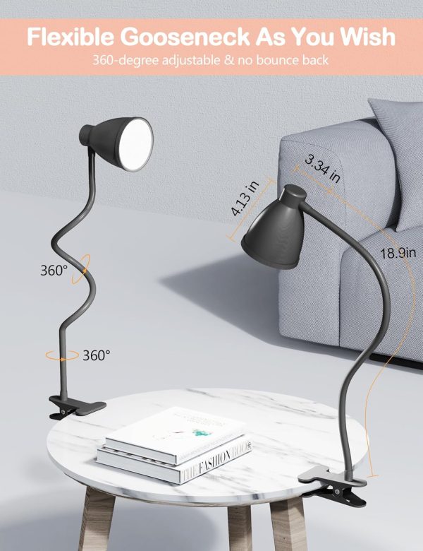 BOHON Desk Lamp 3 Color Modes 10 Brightness Dimmer Reading Light 10W 38 LED Clamp Lamp with Auto Off Timer 360° Flexible Gooseneck Clip on Light for Bed Bedside, AC Adapter Include - Image 5