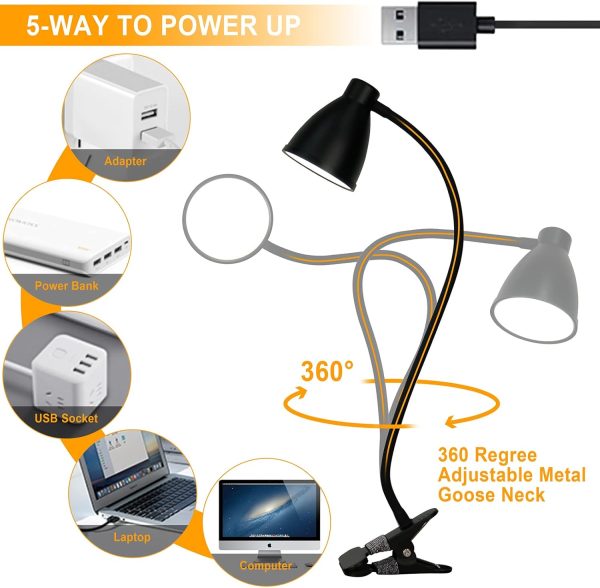 BOHON Desk Lamp 3 Color Modes 10 Brightness Dimmer Reading Light 10W 38 LED Clamp Lamp with Auto Off Timer 360° Flexible Gooseneck Clip on Light for Bed Bedside, AC Adapter Include - Image 7
