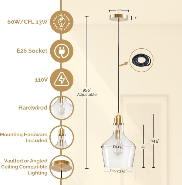 Hampton Hill Auburn Pendant Lighting for Dining Room, Industrial Kitchen Lights, Hand-Blown Glass Bell Shaped Pendant Light for Kitchen Island, Foyer, Bedroom, 9" Dia x 95.5" H, Gold/Clear - Image 2