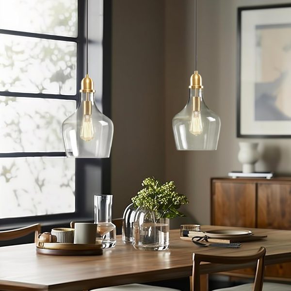 Hampton Hill Auburn Pendant Lighting for Dining Room, Industrial Kitchen Lights, Hand-Blown Glass Bell Shaped Pendant Light for Kitchen Island, Foyer, Bedroom, 9" Dia x 95.5" H, Gold/Clear - Image 3
