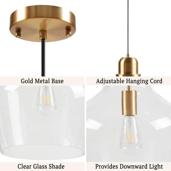 Hampton Hill Auburn Pendant Lighting for Dining Room, Industrial Kitchen Lights, Hand-Blown Glass Bell Shaped Pendant Light for Kitchen Island, Foyer, Bedroom, 9" Dia x 95.5" H, Gold/Clear - Image 5