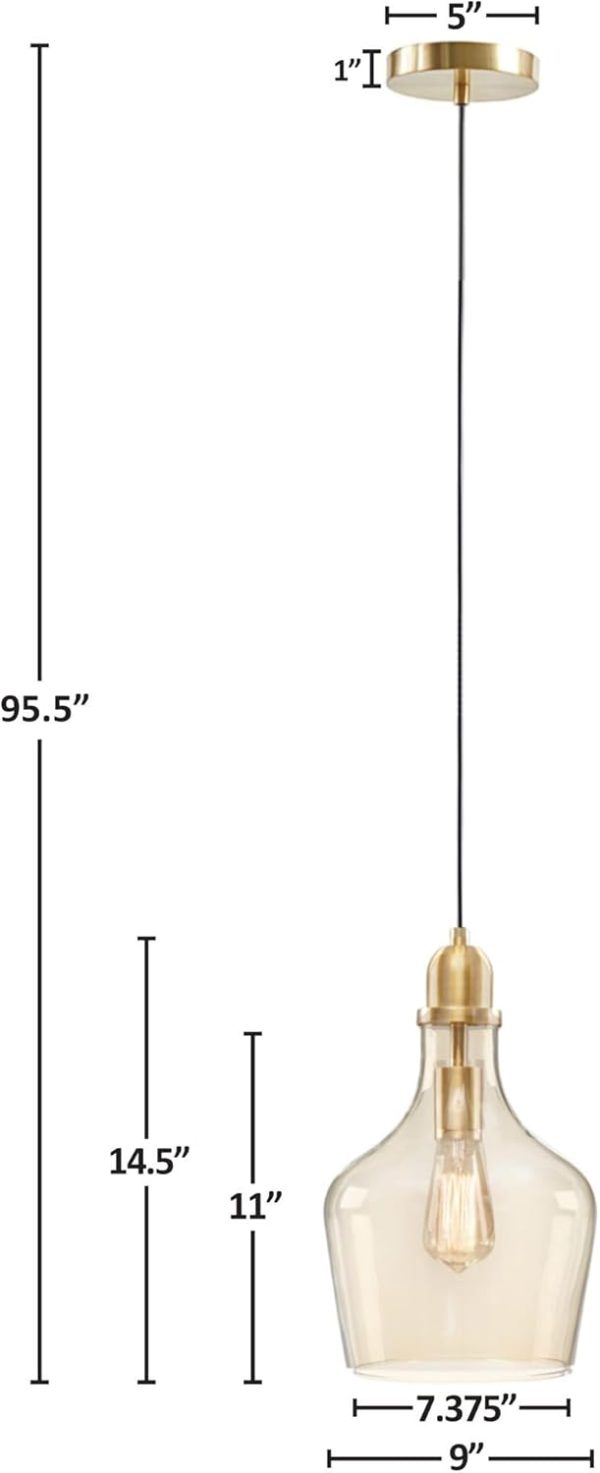 Hampton Hill Auburn Pendant Lighting for Dining Room, Industrial Kitchen Lights, Hand-Blown Glass Bell Shaped Pendant Light for Kitchen Island, Foyer, Bedroom, 9" Dia x 95.5" H, Gold/Clear - Image 6