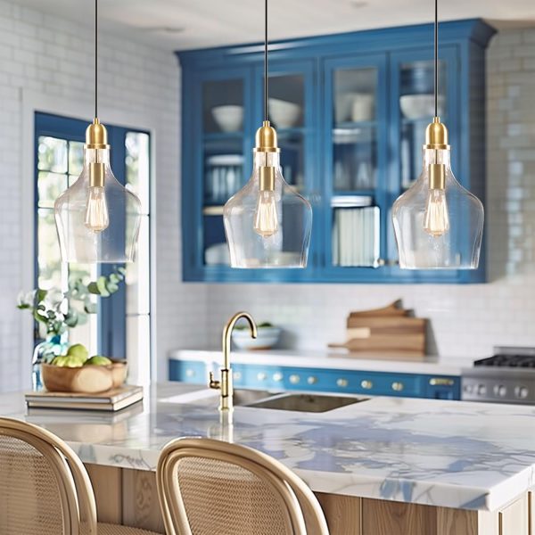 Hampton Hill Auburn Pendant Lighting for Dining Room, Industrial Kitchen Lights, Hand-Blown Glass Bell Shaped Pendant Light for Kitchen Island, Foyer, Bedroom, 9" Dia x 95.5" H, Gold/Clear - Image 10