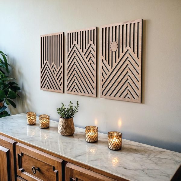 Modern Wooden Wall Sculptures - Set of 3 - MDF - Oak - Home Decor Accent - Large Wall Art for Living Room, Bedroom, Office - Easy Installation (Oak, Medium - Mountain and Sun, Unframed)