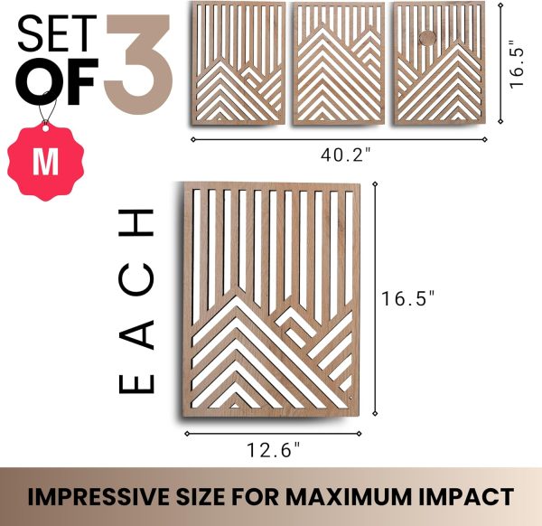 Modern Wooden Wall Sculptures - Set of 3 - MDF - Oak - Home Decor Accent - Large Wall Art for Living Room, Bedroom, Office - Easy Installation (Oak, Medium - Mountain and Sun, Unframed) - Image 2