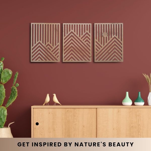 Modern Wooden Wall Sculptures - Set of 3 - MDF - Oak - Home Decor Accent - Large Wall Art for Living Room, Bedroom, Office - Easy Installation (Oak, Medium - Mountain and Sun, Unframed) - Image 5