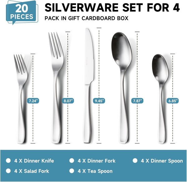 Silverware Set for 4, 20 Piece Heavy Duty Stainless Steel Flatware Set, Satin Finish Cutlery Utensil Set, Dinner Fork Knife Spoon Tableware Set for Home Kitchen, Dishwasher Safe, Matte Silver - Image 5
