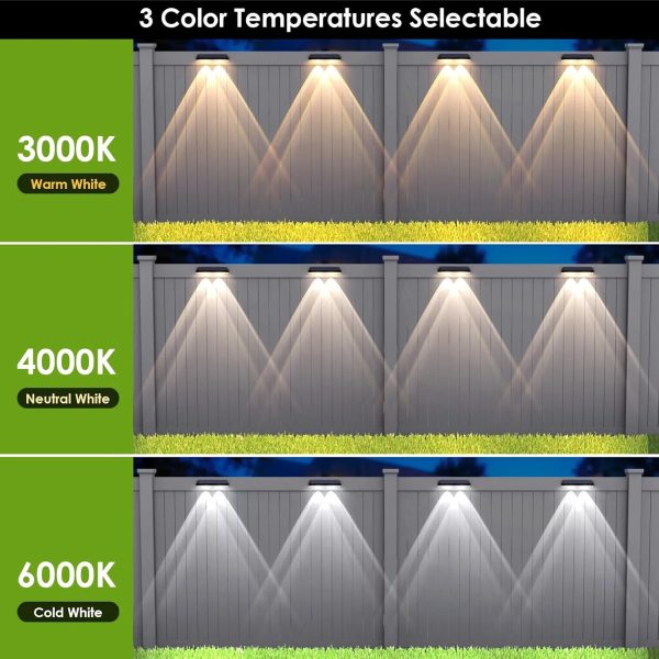 Solar Fence Lights Outdoor - 2700/4000/6000K 3 Mode, IP65 Waterproof Fence Solar Lights Outdoor, Fence Light Solar Powered for Outside, Backyard/Railing/Step/Patio/Stair Railings and Wall (8 pack) - Image 4