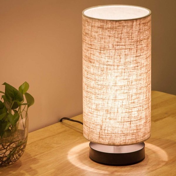 Table Lamp, Bedside Nightstand Lamp, Simple Desk Lamp, Fabric Wooden Table Lamp for Bedroom Living Room Office Study, Cylinder Black Base