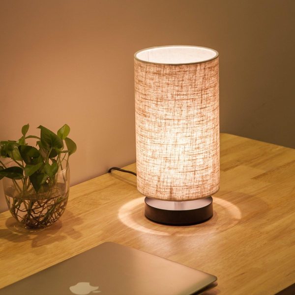 Table Lamp, Bedside Nightstand Lamp, Simple Desk Lamp, Fabric Wooden Table Lamp for Bedroom Living Room Office Study, Cylinder Black Base - Image 2