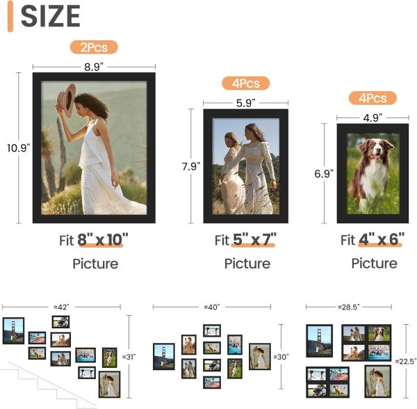 10 Pack Picture Frames Collage Wall Decor for Mounting or Tabletop Display, Photo Gallery Frame Set for Family, Multi Sizes Including 8x10, 5x7, 4x6, Black - Image 2