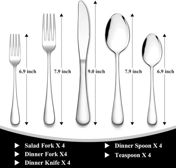 Wildone 20-Piece Silverware Set, Stainless Steel Flatware Cutlery Set Service for 4, Tableware Eating Utensils Include Knife/Fork/Spoon, Mirror Polished, Dishwasher Safe - Image 2